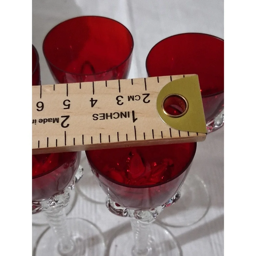 Vintage Ruby Red Glass Wine Goblets Clear Twisted Stem Set of 5 5.25in - Picture 5 of 5